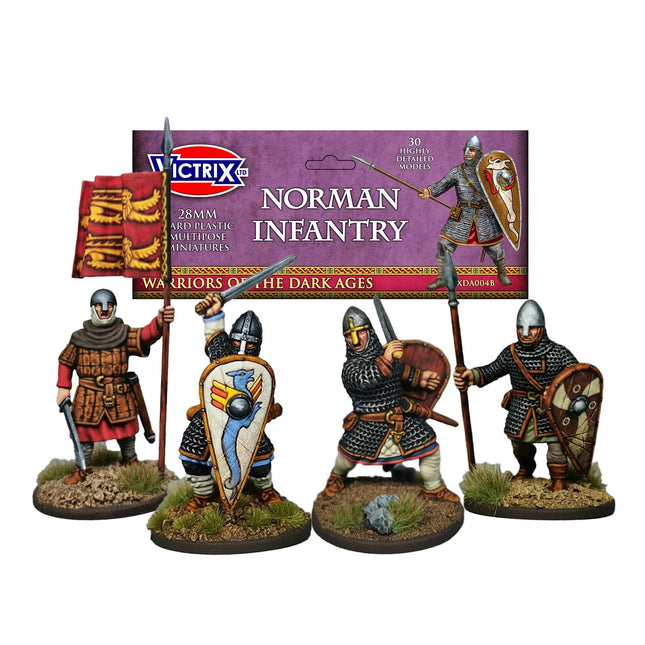 Miniaturen van de Normandische infanterie uit de Dark Age, vervaardigd door Victrix, geschikt voor skirmish spellen.