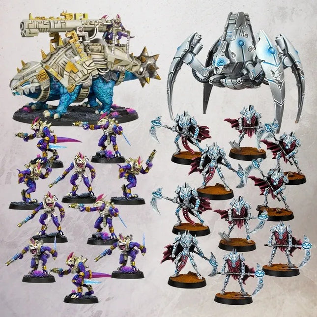 Startset van OnePageRules Grimdark Future Broken Truth met miniaturen en accessoires, klaar voor strategisch bordspelspel.