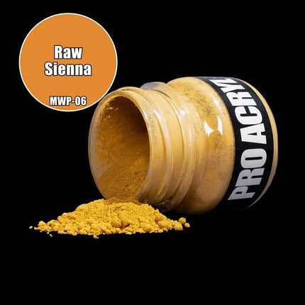 Pro Acryl PRO Acryl Weathering Pigments 06 Raw Sienna verf, close-up van het label en de textuur van de pigmenten