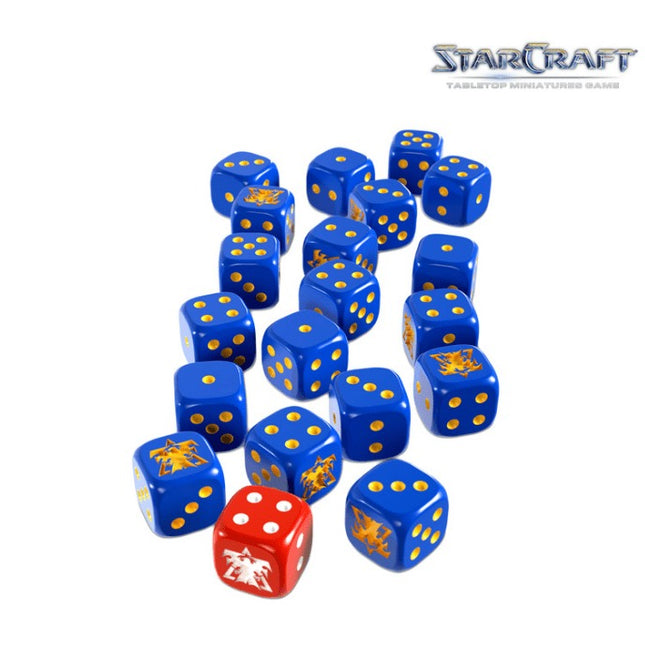 StarCraft Terran dobbelstenen set met symbolen, naast een rulebook, geschikt voor bordspellen en tabletop gaming.