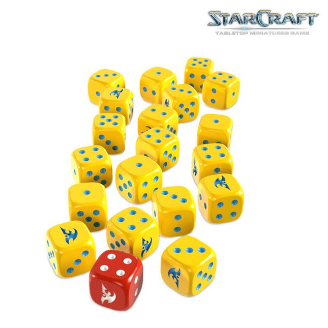 StarCraft Protoss custom dobbelstenen set met symbolen en kleurrijke ontwerpen, perfect voor bordspellen en role-playing games