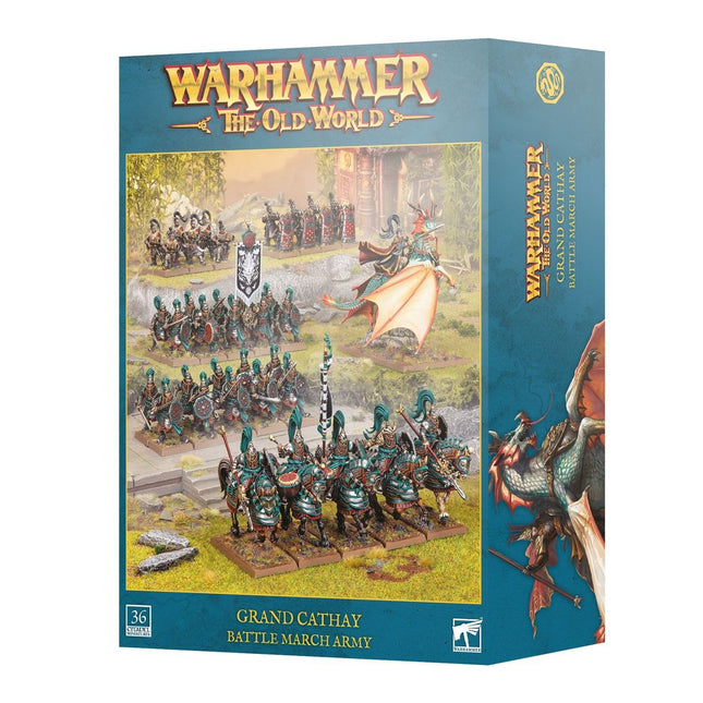 Grand Cathay Battle March leger van The Old World met miniaturen en soldaten in kleurrijke kleding in doos