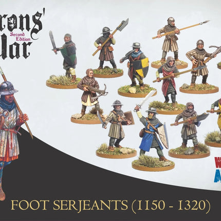 Miniatuur Foot Serjeants van Wargames Atlantic, frontzicht van de doos met gedetailleerde soldatenfiguren in 1100-1320 stijl