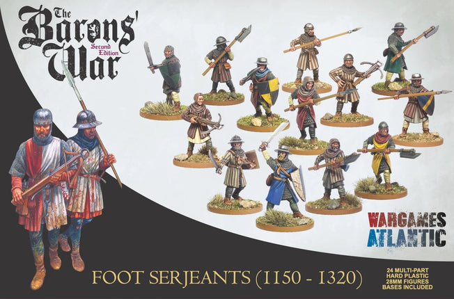Miniatuur Foot Serjeants van Wargames Atlantic, frontzicht van de doos met gedetailleerde soldatenfiguren in 1100-1320 stijl