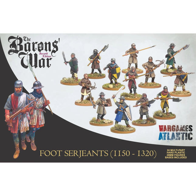 Miniatuur Foot Serjeants van Wargames Atlantic, frontzicht van de doos met gedetailleerde soldatenfiguren in 1100-1320 stijl