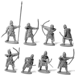 Miniatuur van Dark Age boogschutters en slingeraars van Victrix, gedetailleerde figuren voor historische oorlogsspelletjes.