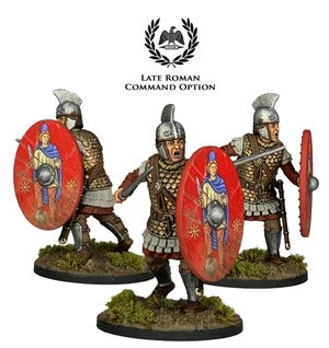 Late Romeinse oorlogsgroep miniaturen van Victrix, inclusief commandant met wapens en kleding, gedetailleerd en historisch correct.