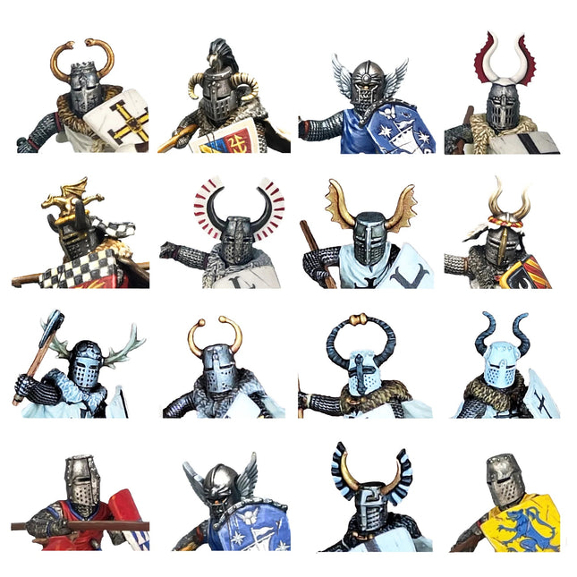 Gepaintteerde miniatuurhoofden en wapenschilden voor middeleeuwse en fantasy figuren van Victrix, wit geschilderd.