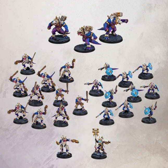 Starterset van OnePageRules Grimdark Future Broken met miniaturen en speelstukken voor bordspel, zwart en grijs kleuren.