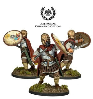 Miniaturen van een Late Romeinse oorlogsmobiel commandant van Victrix, gedetailleerd en geschilderd, voor historische oorlogsspellen