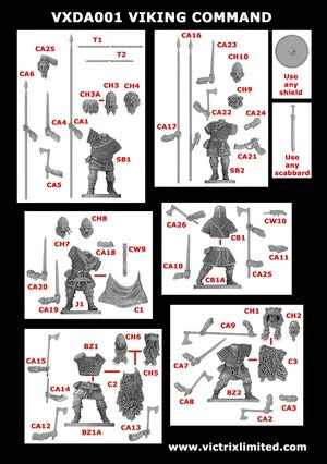 Miniatuur van Viking commandor, onderdeel van Dark Age Vikings reeks, vervaardigd door Victrix, gedetailleerde figuur voor bordspellen.