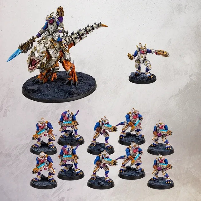 Uitbreiding voor Grimdark Future Saurian Starhost Elite van OnePageRules, afbeelding van miniaturen en speelbord.