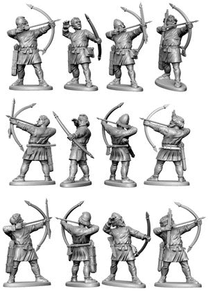 Miniaturen van Dark Age boogschutters en slingeraars van Victrix, gedetailleerde figuren voor historisch oorlogsspel