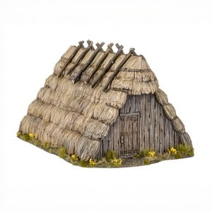 Miniatuur Dark Age Huts van Victrix, gedetailleerde kleine houten hutten voor historische spellen.