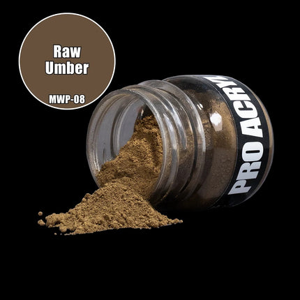 Pro Acryl verf met PRO Acryl Weathering Pigments 08 - Raw Umber, label met productnaam en kleureninformatie.