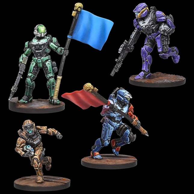 Afbeelding van de Fireteam Wolf factie uit Halo: Flashpoint, met leden in gevechtsuitrusting en wapens, geïsoleerd op een witte achtergrond.