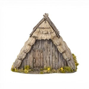 Miniatuur Dark Age hutten van Victrix, gedetailleerde modellen voor historische spellen, op een neutrale achtergrond geplaatst.