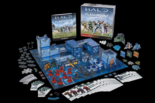 Halo: Flashpoint Spartan Edition v1.5 starterset met blauwe Spartan-figuur en accessoires, gedetailleerde productshot van Halo : Flashpoint.