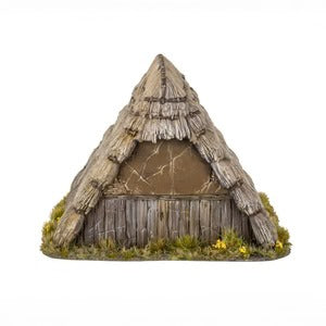 Miniatuur Dark Age Huts van Victrix, gedetailleerde houten houthutten voor historische speelsets, getoond op afbeelding.