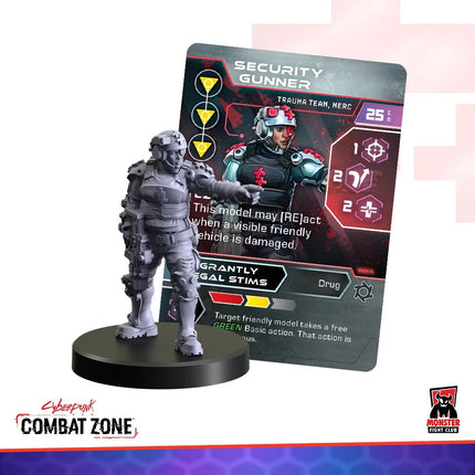 Cyberpunk Red Trauma Team gangers in combat gear, security gunner in a team pose, klaar voor actie in een futuristisch setting.