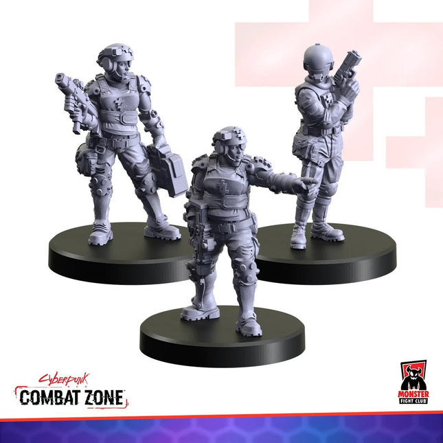 Cyberpunk Combat Zone Trauma Team gangers, team van miniaturen uit Cyberpunk Red, met gedetailleerde uitrusting en wapens.