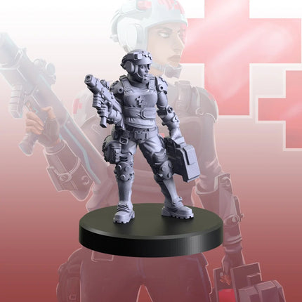 Cyberpunk Red Trauma Team gang met EMT-leider en team in zwart uniformen, klaar voor actie.