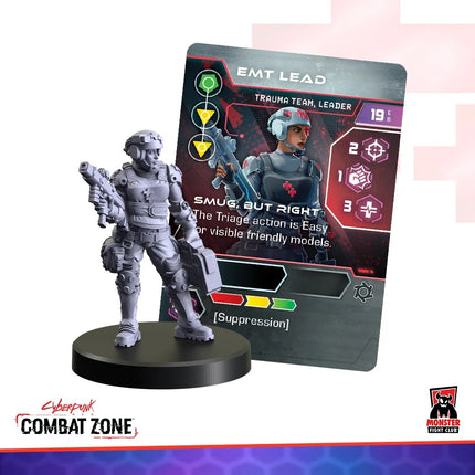 Cyberpunk Red Trauma Team gangers in blauwe uniformen, klaar voor actie, onderdeel van de Combat Zone Seven Minutes set.