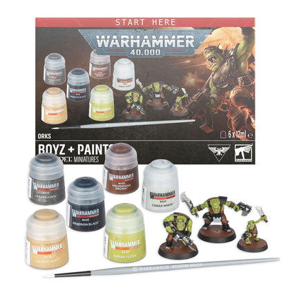 Warhammer 40.000 Orks Boyz starterset met verfpotjes, inclusief miniaturen en verf voor modelbouw en schilderen.
