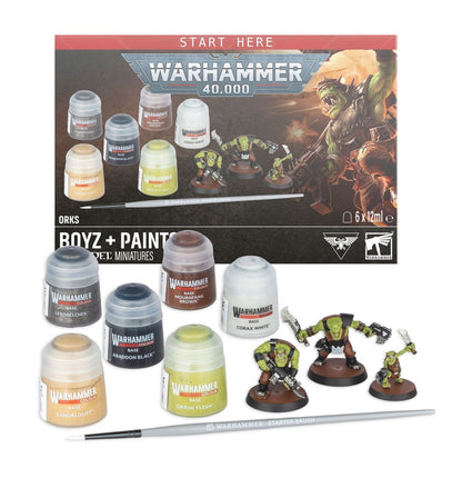 Warhammer 40.000 Orks Boyz starterset met verfpotjes, inclusief miniaturen en verf voor modelbouw en schilderen.