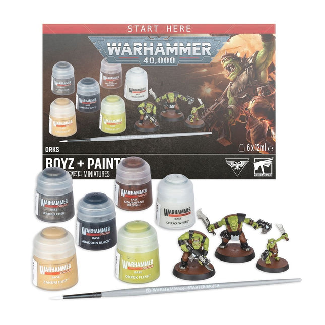 Warhammer 40.000 Orks Boyz starterset met verfpotjes, inclusief miniaturen en verf voor modelbouw en schilderen.