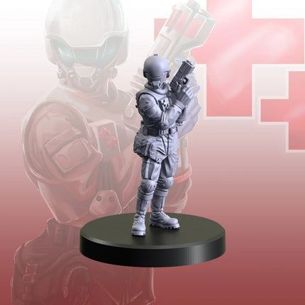 Cyberpunk Red Trauma Team gang met medisch EMR-piloot en teamleden, klaar voor actie in de Cyberpunk Combat Zone.