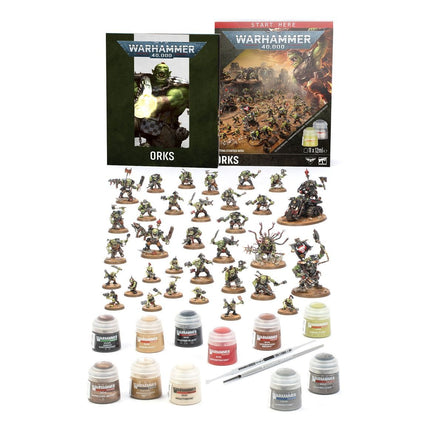 Warhammer 40.000 starterset met Ork miniaturen en basismateriaal voor beginners, inclusief overzicht van modellen en accessoires