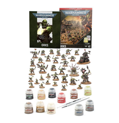 Warhammer 40.000 starterset met Ork miniaturen en basismateriaal voor beginners, inclusief overzicht van modellen en accessoires