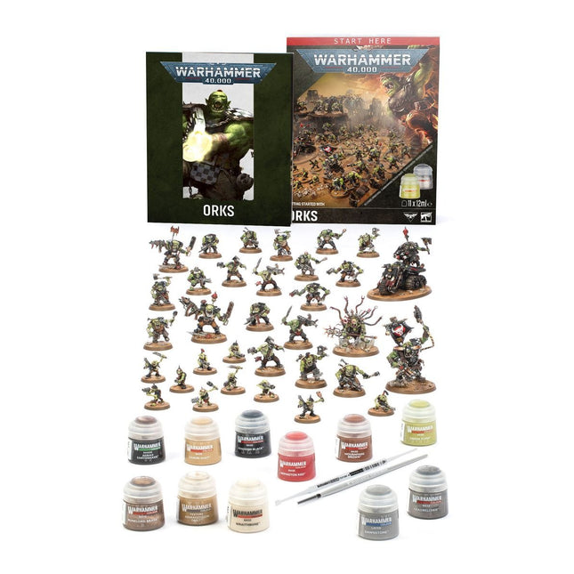 Warhammer 40.000 starterset met Ork miniaturen en basismateriaal voor beginners, inclusief overzicht van modellen en accessoires