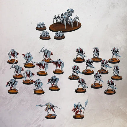 Starterset van OnePageRules Grimdark Future Broken met miniaturen en spelmateriaal voor bordspellen.