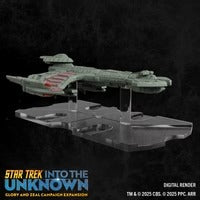 Star Trek Into the Unknown Glory en Zeal uitbreidingspakket, afbeelding van een Negh'Var schip recht van rechts, gedetailleerde miniatuur.