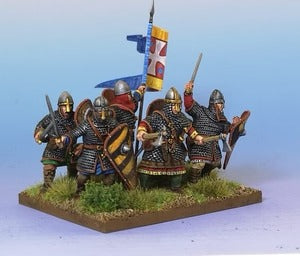 Miniaturen van Norman infanterie uit de Dark Age, gemaakt door Victrix, weergegeven in een skirmish pack met 28mm schaal.