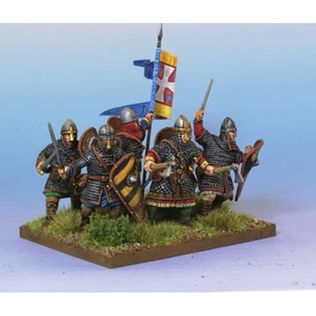 Miniaturen van Norman infanterie uit de Dark Age, gemaakt door Victrix, weergegeven in een skirmish pack met 28mm schaal.