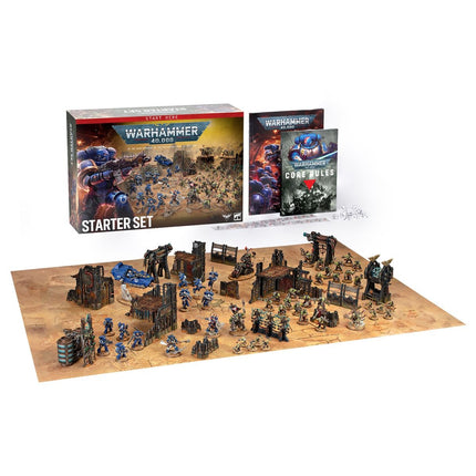 Warhammer 40.000 starterset met miniaturen en accessoires voor beginners, inclusief verzamelbare modellen en spelregels.
