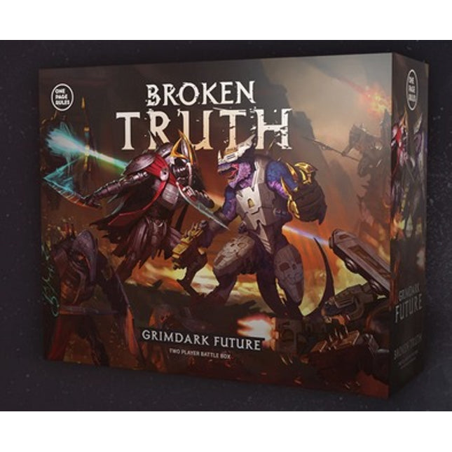 Startset van OnePageRules Grimdark Future Broken Truth met miniaturen en regels voor tabletop oorlogsspel.