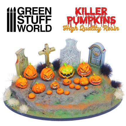 GroeneStuffWorld 3D geprinte grote Killer Pumpkins set, gedetailleerde pompoenfiguraties voor modelbouw of decoratie.