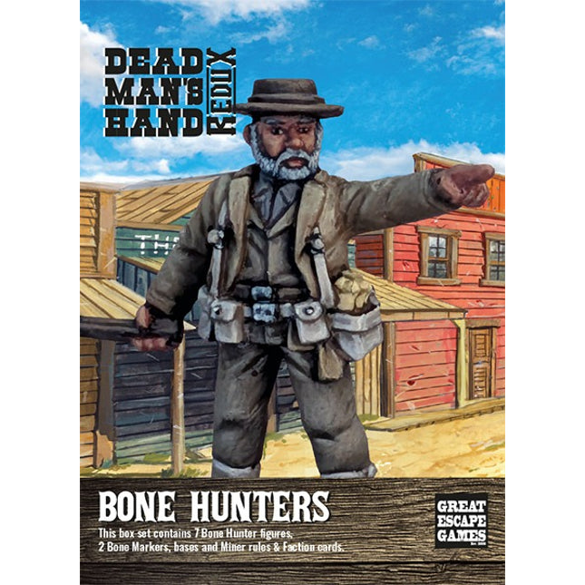 Dead Man's Hand Bone Hunters bordspel met regels en factiekaarten, afbeelding van de doos en inhoud.