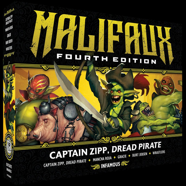 Malifaux 4th Captain Zipp, Dread Pirate core box met miniatuur en spelmaterialen, frontaanzicht, Malifaux bordspel