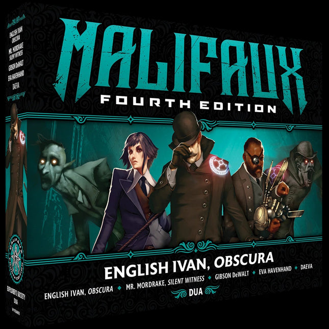 Malifaux 4th editie core box met Ivan, Obscura figuur, toont de voorkant van de Malifaux Malifaux set met illustratie van Ivan