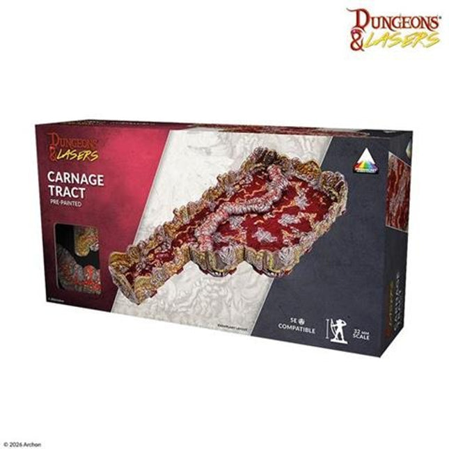 Pregeprepainte Carnage Tract Terrain van Dungeons&Lasers, kleurrijk en gedetailleerd, geschikt voor tabletop rollenspellen.
