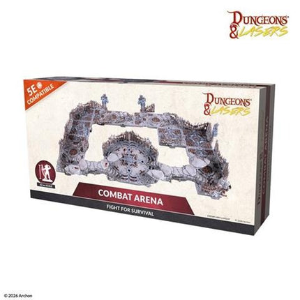 Gedetailleerd Dungeons&Lasers Combat Arena terrain voor bordspellen, met strategische speelvelden en obstakels voor fantasy gevechten