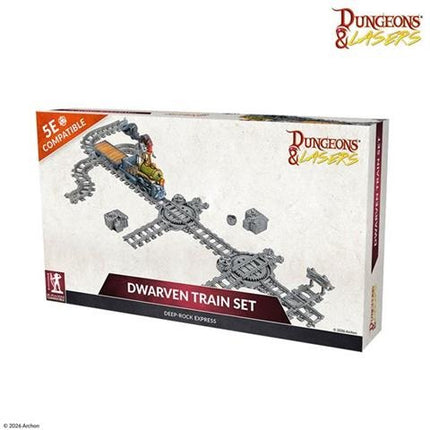 Dwarven treinset van Dungeons&Lasers, gedetailleerd terrein voor bordspellen en miniaturen, met trein en landschapselementen.