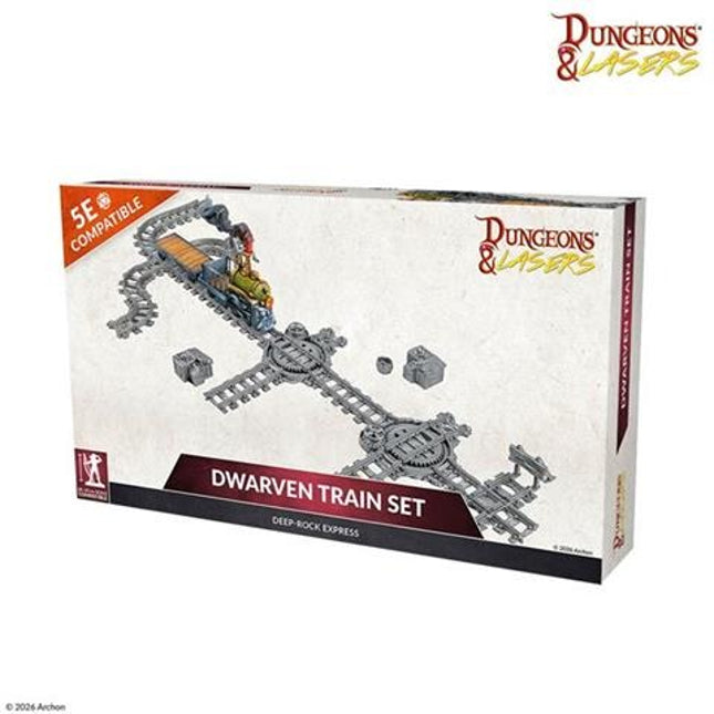 Dwarven treinset van Dungeons&Lasers, gedetailleerd terrein voor bordspellen en miniaturen, met trein en landschapselementen.