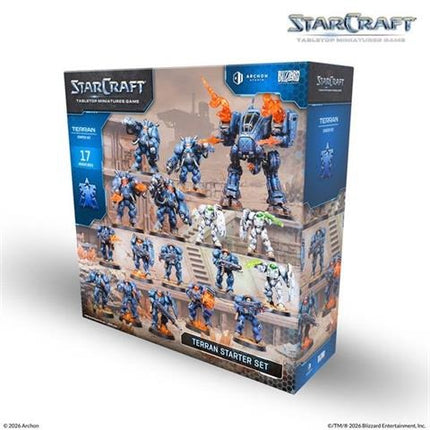 StarCraft Terran Starterset met speelstukken en accessoires voor bordspellen, in een kleurrijk doosontwerp
