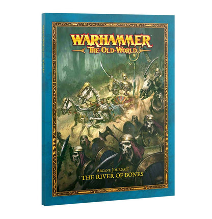 Tomb Kings van Khemri Arcane Journal The River of Bones met oude symbolen en details in een zwart-wit ontwerp.